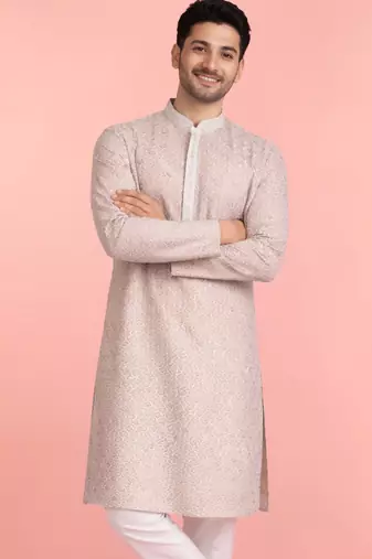 men's sequin embroidered peach rayon kurta