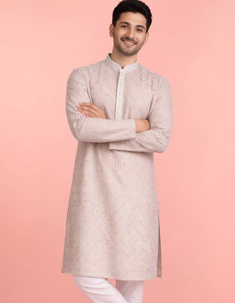 men's sequin embroidered peach rayon kurta