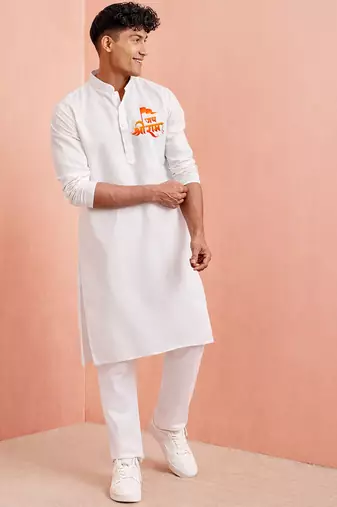 Creations men's white cotton kurta set with ram special print | festive  ethnic wear for men