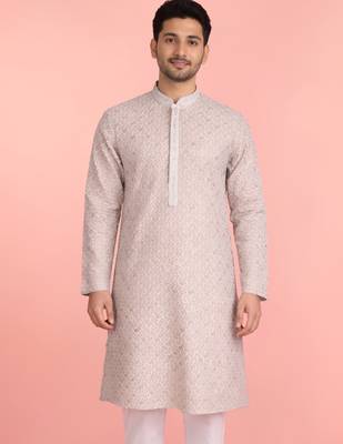 men's sequin embroidered peach rayon kurta 3