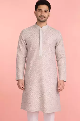 men's sequin embroidered peach rayon kurta