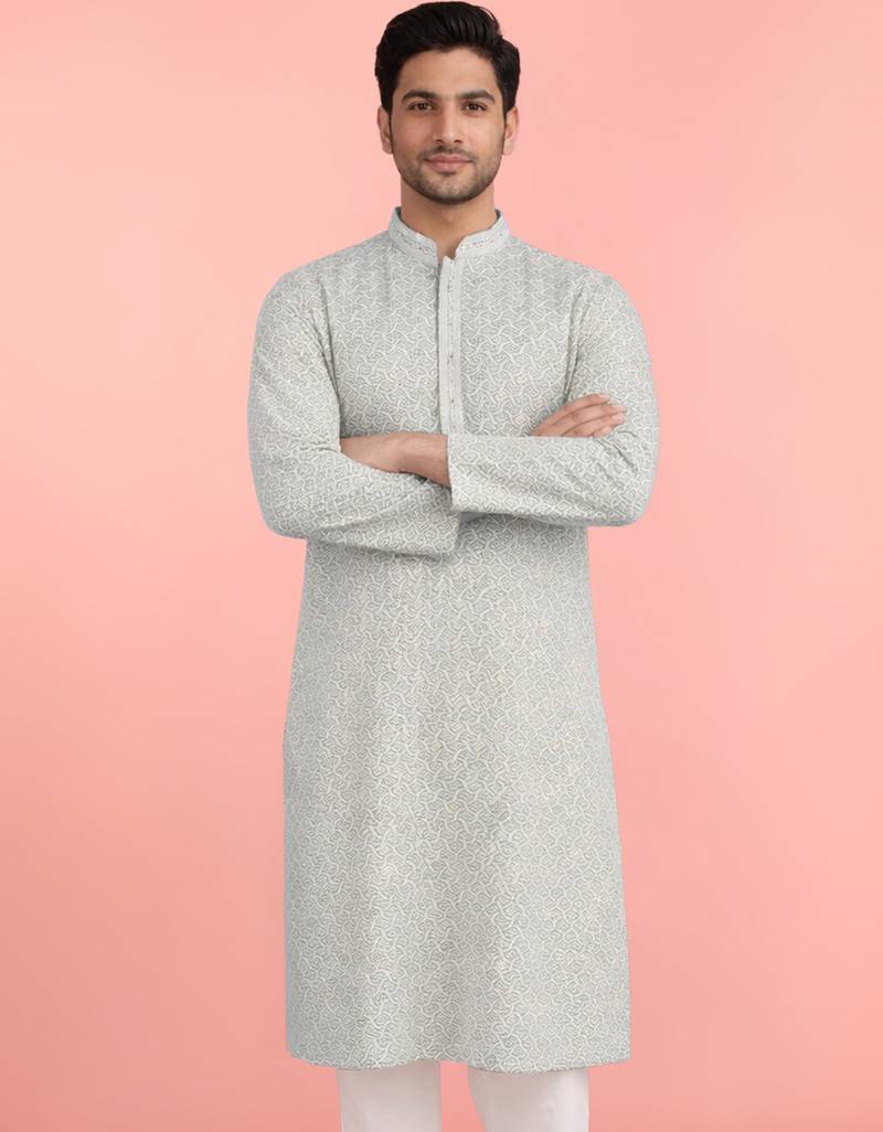 men's mint green rayon kurta with sequin embroidery