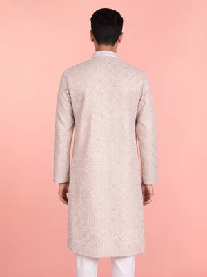 men's sequin embroidered peach rayon kurta 4