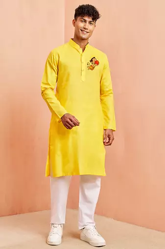 Creations men's yellow cotton kurta pyjama set | hanuman jayanti special print | ethnic wear