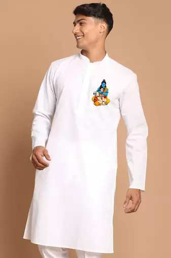 Men's white cotton kurta with hanuman jayanti chest print | festive ethnic wear