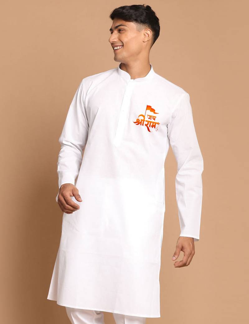 shri ram chest print white cotton kurta for men