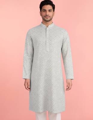 men's mint green rayon kurta with sequin embroidery 3
