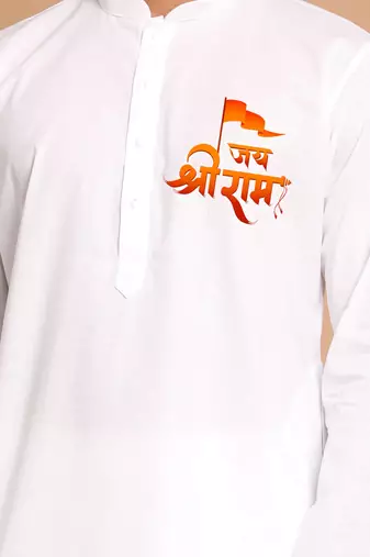 shri ram chest print white cotton kurta for men