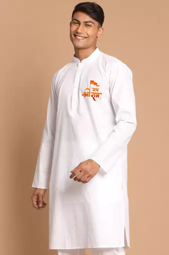 shri ram chest print white cotton kurta for men