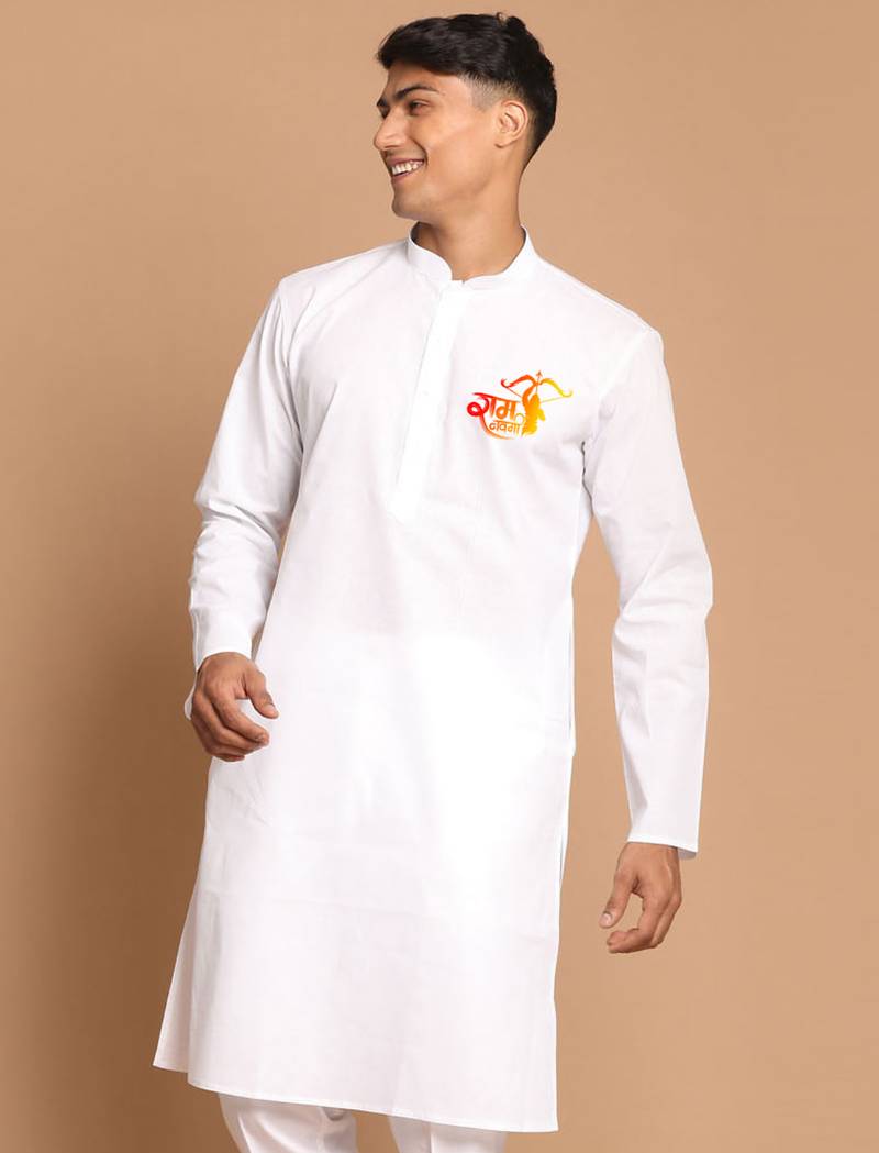 men's white cotton kurta with shri ram chest print