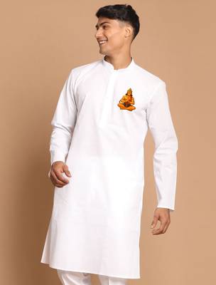 men's cotton kurta white with hanuman jayanti design 1