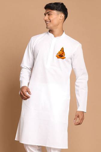 men's cotton kurta white with hanuman jayanti design