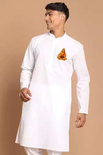Men's white cotton kurta with hanuman jayanti chest print | festive ethnic wear