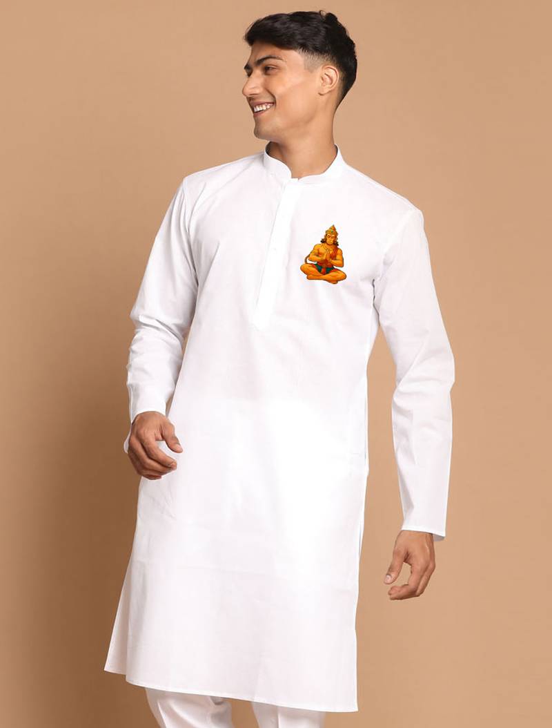 men's cotton kurta white with hanuman jayanti design