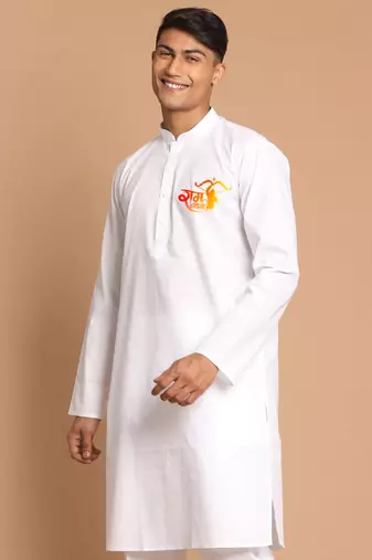 men's white cotton kurta with shri ram chest print