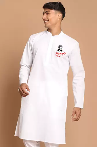 Men's white cotton kurta with hanuman jayanti chest print | festive ethnic wear