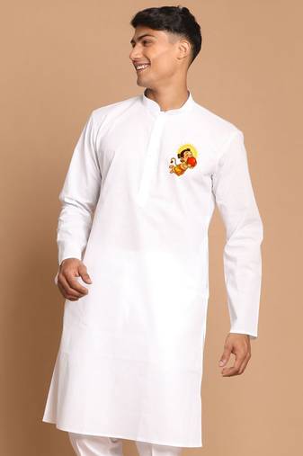 men's white cotton kurta with hanuman jayanti print