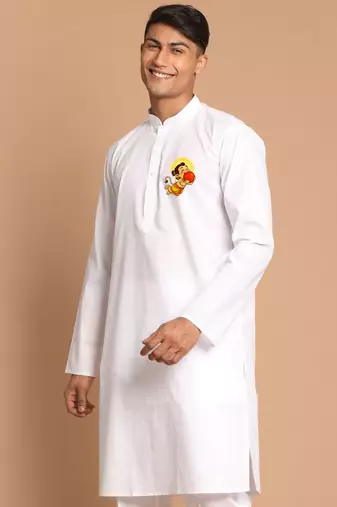 men's white cotton kurta with hanuman jayanti print