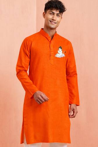 men's orange cotton kurta with hanuman jayanti print