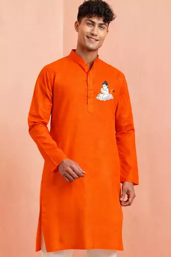 men's orange cotton kurta with hanuman jayanti print