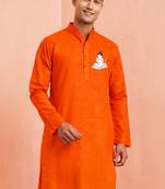 men's orange cotton kurta with hanuman jayanti print