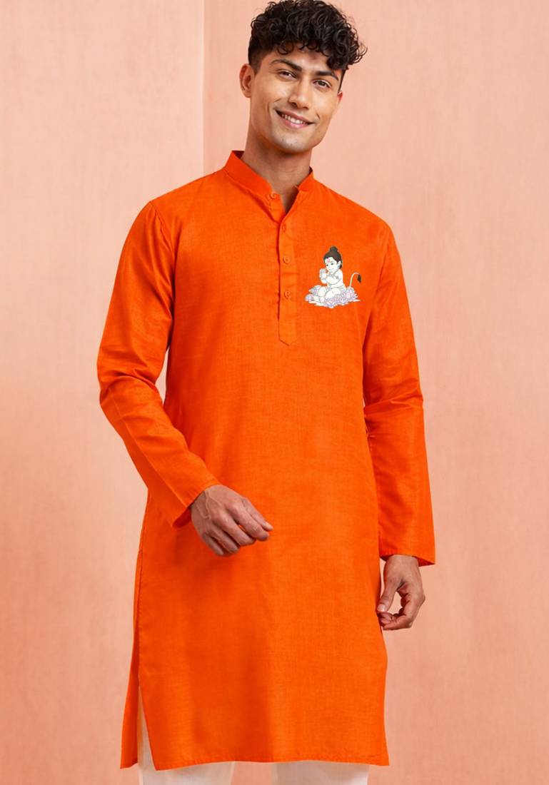 men's orange cotton kurta with hanuman jayanti print