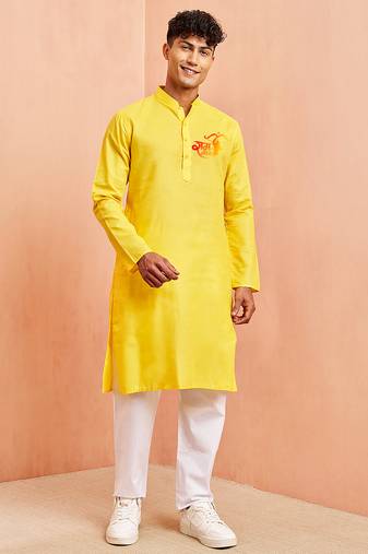 yellow cotton kurta set with shri ram front design