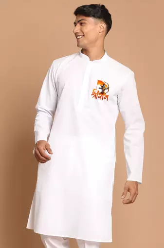 Men's white cotton kurta with shri ram chest print | hanuman jayanti special ethnic wear