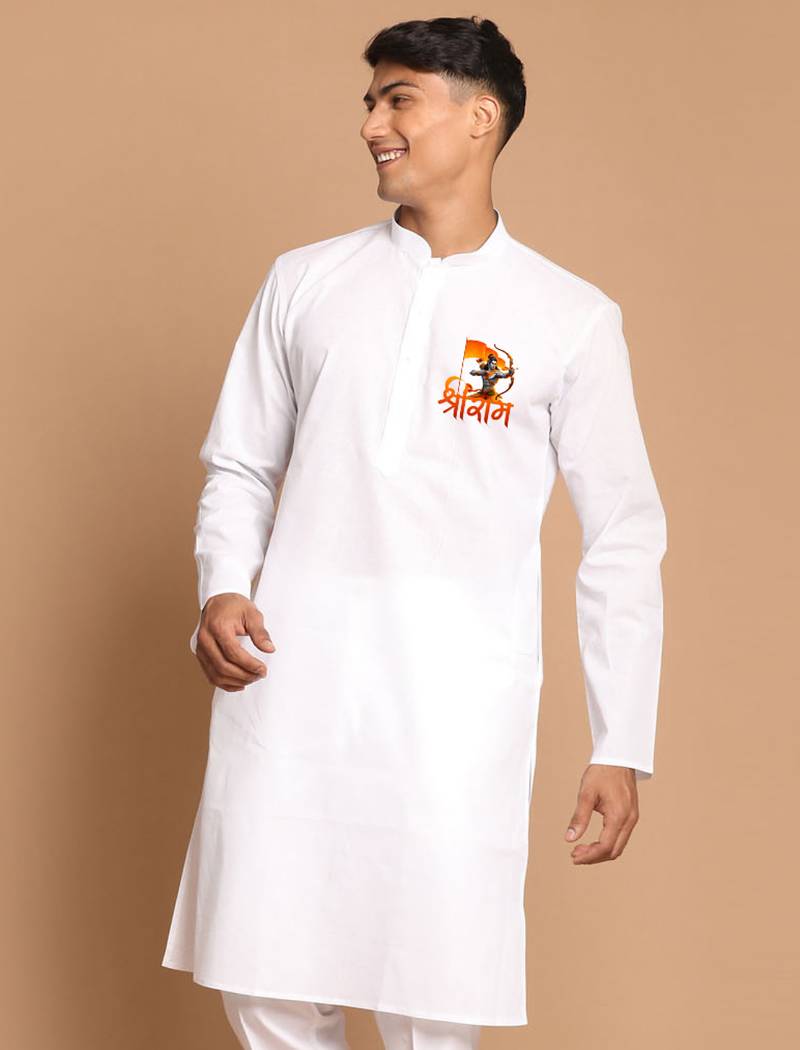 men's cotton kurta white with shri ram design