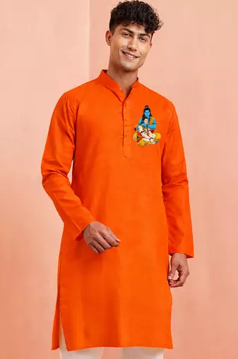 orange hanuman print cotton kurta men festive