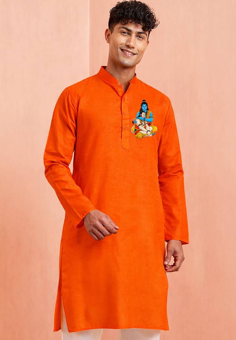 orange hanuman print cotton kurta men festive