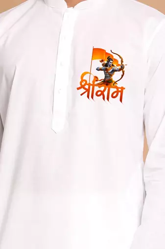 men's cotton kurta white with shri ram design
