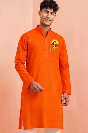 men's orange cotton kurta hanuman jayanti print 