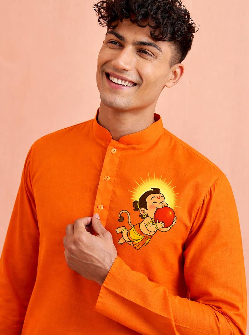 men's orange cotton kurta hanuman jayanti print 