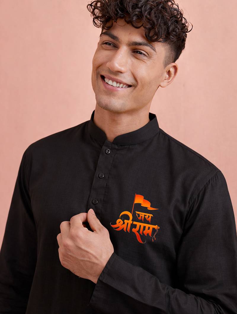 men's black ram print hanuman kurta festive