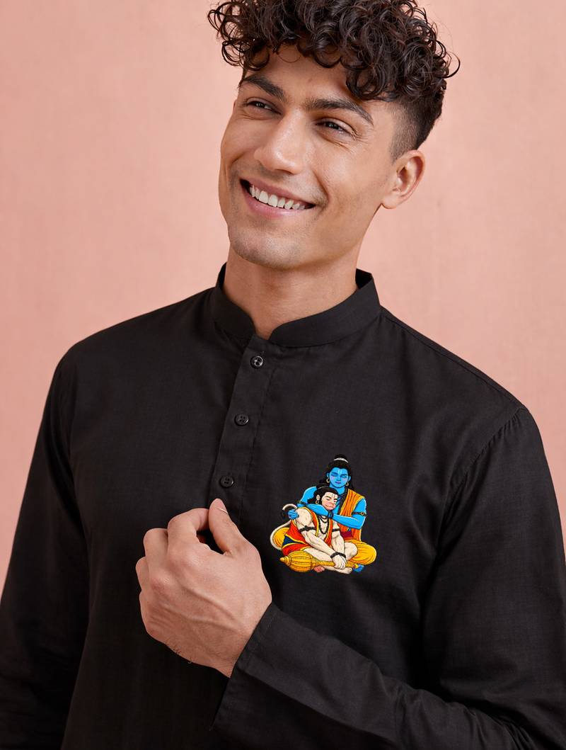 men's black kurta hanuman jayanti cotton print