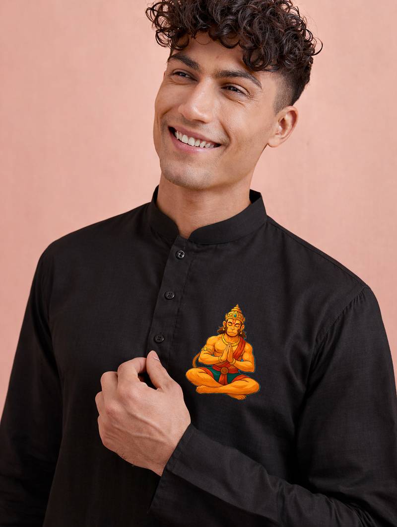 black cotton kurta hanuman print men ethnic