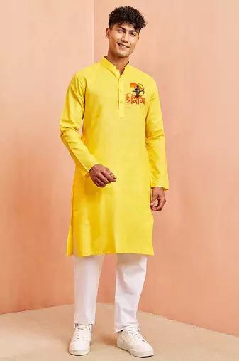 Creations men's yellow cotton kurta pyjama set | ram special edition | festive traditional wear