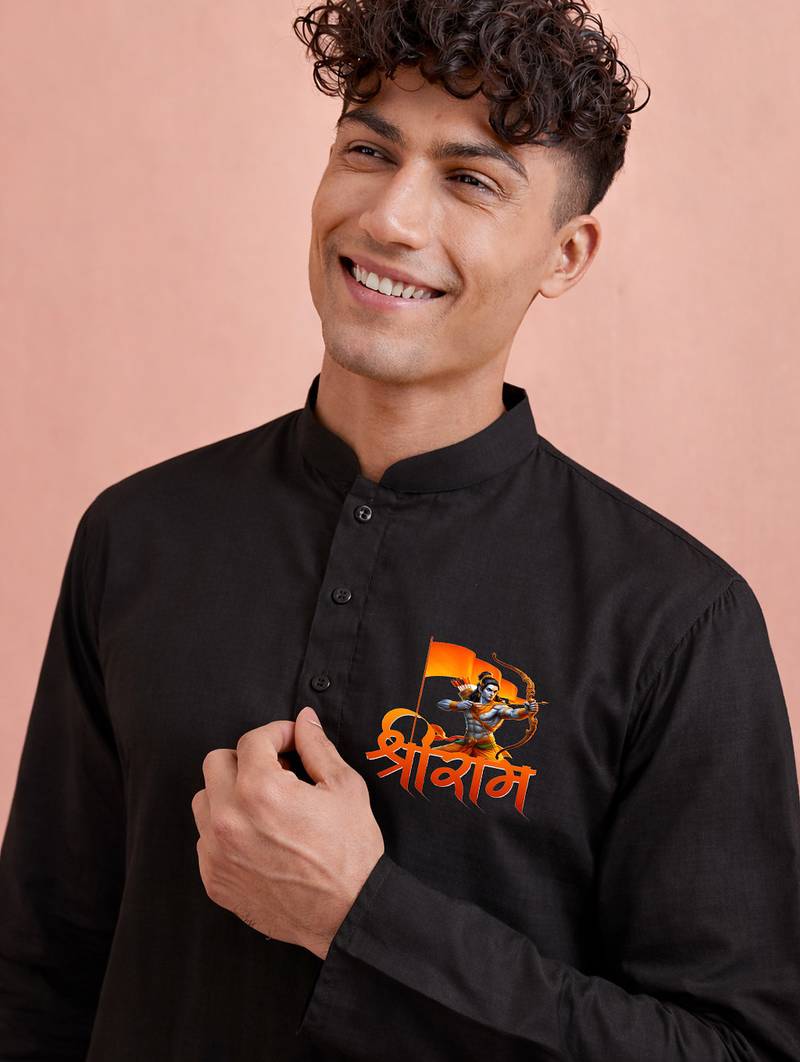 men's black ram hanuman jayanti kurta print