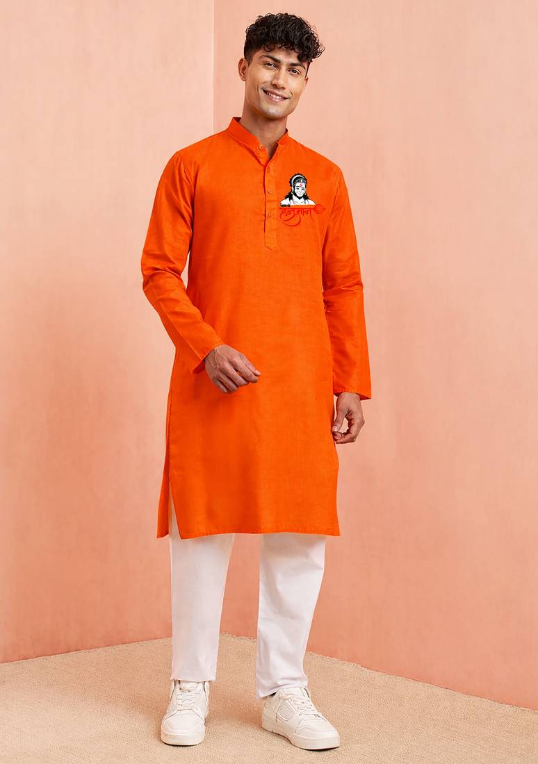 men's orange hanuman jayanti kurta cotton