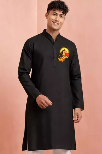 black hanuman print pure cotton kurta men