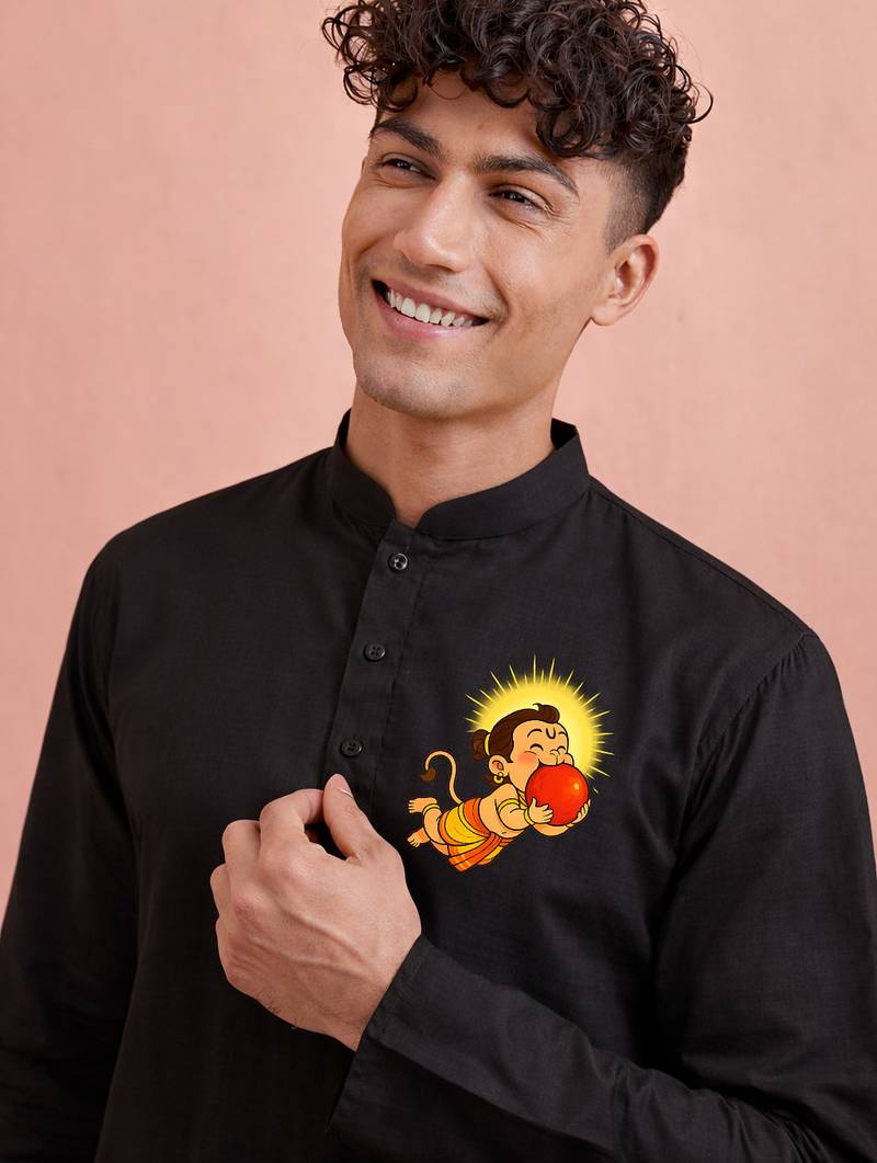black hanuman print pure cotton kurta men