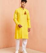 yellow cotton kurta set with hanumanji chest print