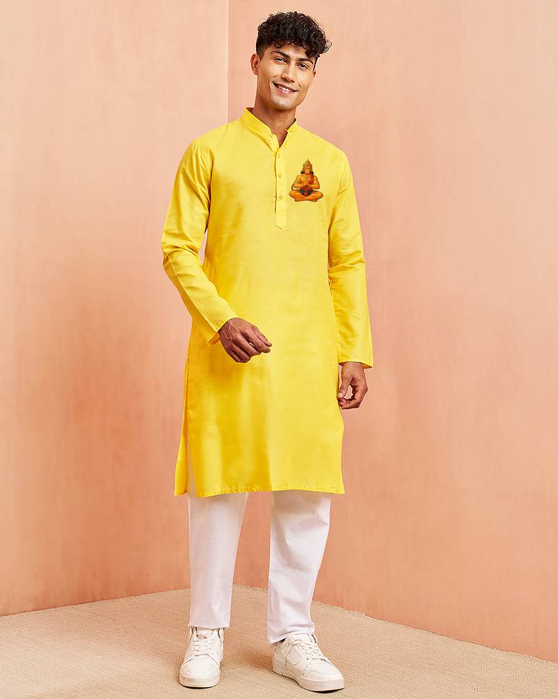 yellow cotton kurta set with hanumanji chest print