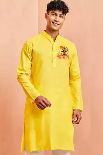 Men's yellow pure cotton kurta | ram special print | hanuman jayanti collection | festive wear