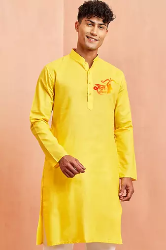 Men's yellow pure cotton kurta | ram special print | hanuman jayanti collection | festive wear
