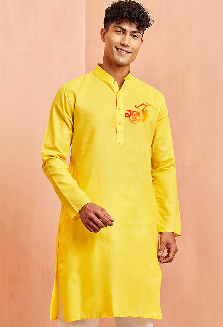 yellow cotton ram hanuman kurta men stitched