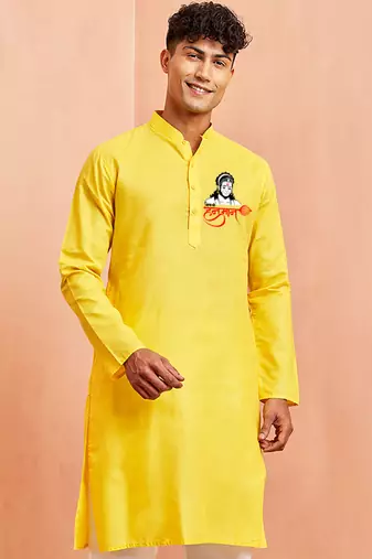Men's yellow pure cotton kurta | hanuman jayanti special print | festive & casual wear