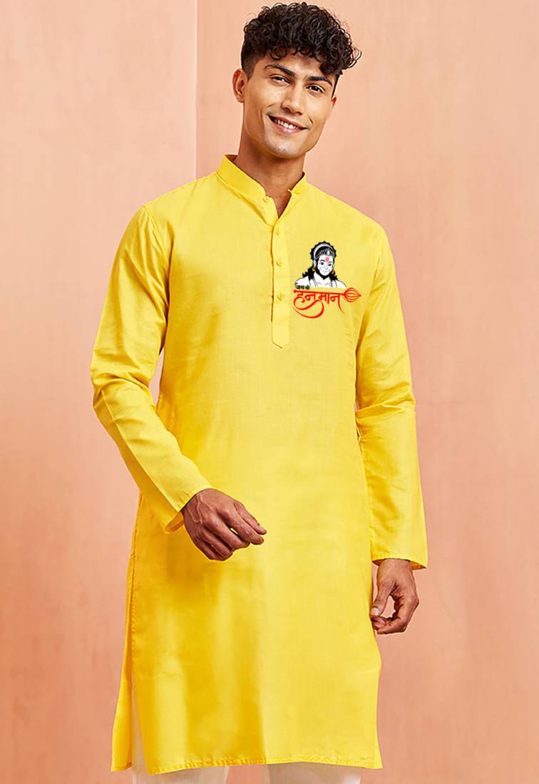 men's yellow kurta hanuman jayanti cotton print 