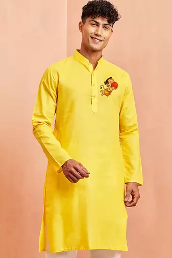 Men's yellow pure cotton kurta set | hanuman jayanti special print | festive & casual wear